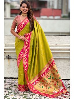 SGF11 - Women Olive Kanjivaram Paithani Pure Soft Silk Saree with Unstitched Blouse