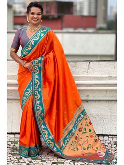 SGF11 - Orange Women's Kanjivaram Paithani Pure Soft Silk Saree with Unstitched Blouse