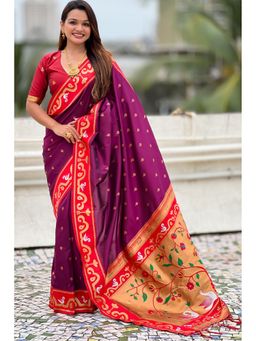 SGF11 - Women's Kanjivaram Paithani Wine Pure Soft Silk Saree with Unstitched Blouse