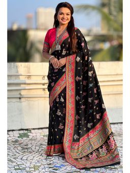 SGF11 - Women's Black Kanjivaram Pure Soft Silk Printed Saree with Unstitched Blouse