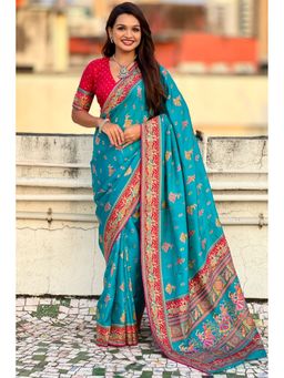 SGF11 - Women Blue Kanjivaram Pure Soft Silk Position Printed Saree with Unstitched Blouse