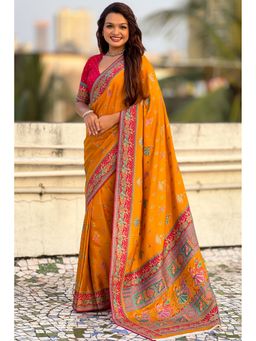 SGF11 - Women's Mustard Kanjivaram Pure Soft Silk Printed Saree with Unstitched Blouse