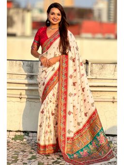 SGF11 - Women's Cream Kanjivaram Pure Soft Silk Printed Saree with Unstitched Blouse