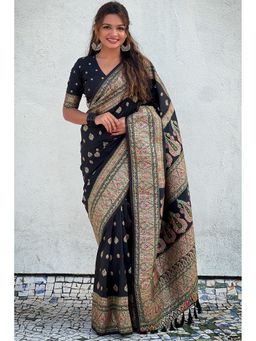 SGF11 - Black Women's Kanjivaram Pure Soft Silk Saree with Unstitched Blouse