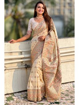 SGF11 - Women Cream Kanjivaram Pure Soft Silk Saree with Unstitched Blouse