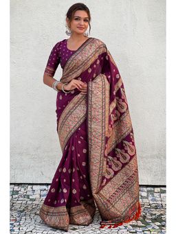 SGF11 - Women's Wine Kanjivaram Pure Soft Silk Saree with Unstitched Blouse