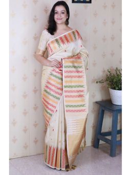 SGF11 - Women's Kanjivaram Cream Pure Soft Silk Saree with Unstitched Blouse