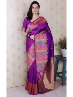 SGF11 - Purple Women's Kanjivaram Pure Soft Silk Saree with Unstitched Blouse