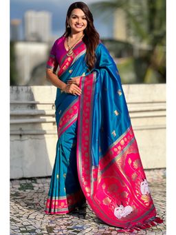 SGF11 - Women's Kanjivaram Paithani Pure Soft Silk Blue Saree with Unstitched Blouse