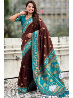 SGF11 - Brown Kanjivaram Women's Paithani Pure Soft Silk Saree with Unstitched Blouse