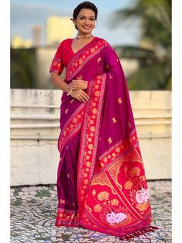 SGF11 - Purple Women's Kanjivaram Paithani Pure Soft Silk Saree with Unstitched Blouse