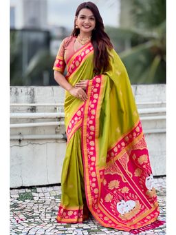 SGF11 - Women's Kanjivaram Green Paithani Pure Soft Silk Saree with Unstitched Blouse