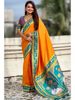 SGF11 - Women Kanjivaram Orange Paithani Pure Soft Silk Saree with Unstitched Blouse