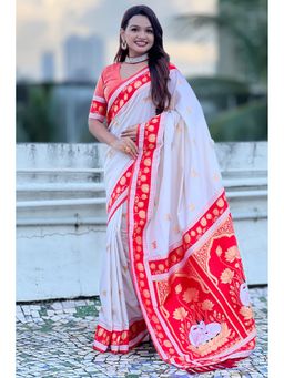 SGF11 - Women White Kanjivaram Paithani Pure Soft Silk Saree with Unstitched Blouse