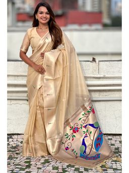 SGF11 - Women's Cream Organza Paithani Pure Soft Silk Saree with Unstitched Blouse