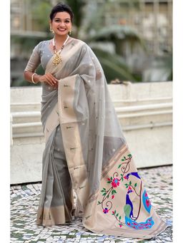 SGF11 - Women's Grey Organza Paithani Pure Soft Silk Saree with Unstitched Blouse