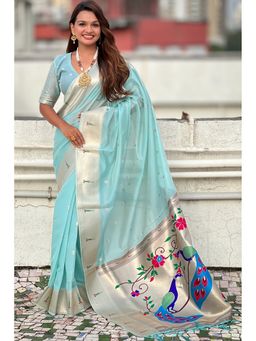 SGF11 - Women's Blue Organza Paithani Pure Soft Silk Saree with Unstitched Blouse