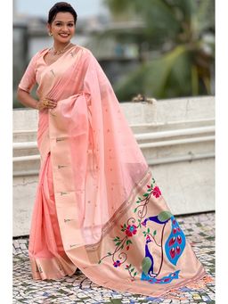 SGF11 - Women Pink Organza Paithani Pure Soft Silk Saree with Unstitched Blouse