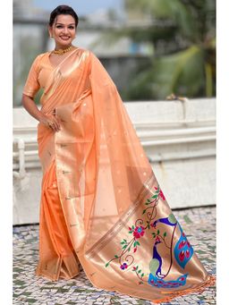 SGF11 - Women's Orange Organza Paithani Pure Soft Silk Saree with Unstitched Blouse