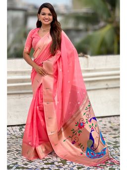 SGF11 - Women's Pink Organza Paithani Pure Soft Silk Saree with Unstitched Blouse
