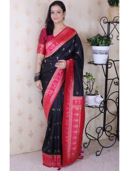 SGF11 - Women's Kanjivaram Pure Soft Silk Black Saree with Unstitched Blouse