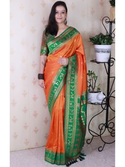 SGF11 - Women Orange Kanjivaram Pure Soft Silk Saree with Unstitched Blouse