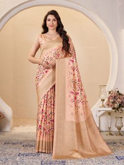 Garden VARELI - Women's Peach Silk Floral Woven Jacquard Saree with Unstitched Blouse