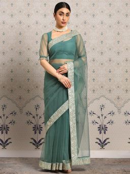 INDDUS - Women Green Solid Sequinned Embroidered Border Saree with Unstitched Blouse
