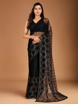 INDDUS - Women Black Geometric Sequinned Embroidered Saree with Unstitched Blouse