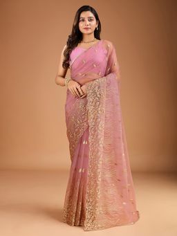 INDDUS - Women Pink Floral Zari and Sequinned Embroidered Saree with Unstitched Blouse