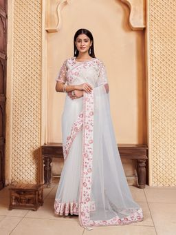 INDDUS - Women Off White Floral Thread Embroidered Saree with Unstitched Blouse