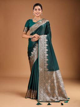 INDDUS - Women Green Ethnic Motifs Zari Woven Design Tassels Saree with Unstitched Blouse