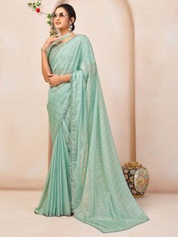 INDDUS - Women Green Stripes Sequinned Embroidered Saree with Unstitched Blouse