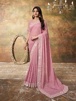 INDDUS - Women Pink Floral Thread Embroidered Saree with Unstitched Blouse