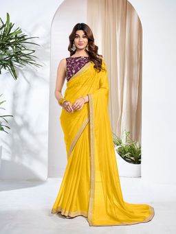 INDDUS - Women Mustard Solid Sequinned Embroidered Border Saree with Unstitched Blouse