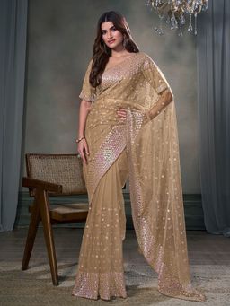 INDDUS - Women Beige Floral Thread and Sequinned Embroidered Saree with Unstitched Blouse