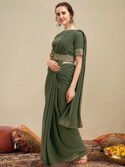 INDDUS - Women Green Solid and Embroidered Saree with Unstitched and Belt