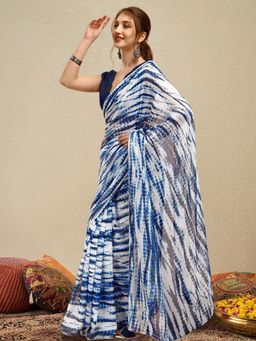 INDDUS - Women Blue Tie and Dye Printed Saree with Unstitched Blouse