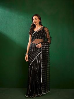INDDUS - Women Black Stripes Mirror Work Saree with Unstitched Blouse