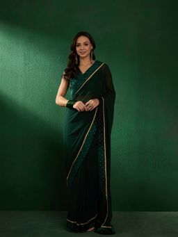 INDDUS - Women Green Solid Zari Embroidered Border Saree with Unstitched Blouse