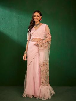 INDDUS - Women Pink Floral Thread Embroidered Saree with Unstitched Blouse