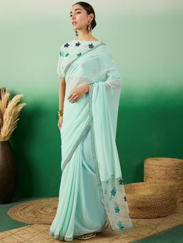 INDDUS - Women Green Floral Thread Embroidered Saree with Unstitched Blouse