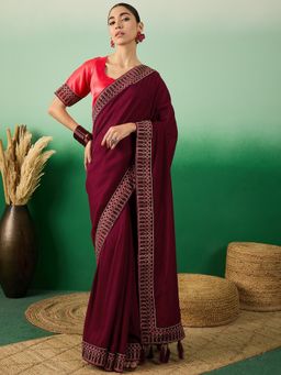 INDDUS - Women Maroon Solid Sequined Embroidered Border Saree with Unstitched Blouse