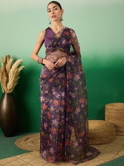 INDDUS - Women Purple Floral Printed Saree with Unstitched Blouse