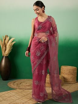 INDDUS - Women Pink Floral Zari Embroidered Saree with Unstitched Blouse