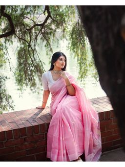 Anjaneya Sarees - Pink Designer Banarasi Silk Kanjivaram Saree with Unstitched Blouse