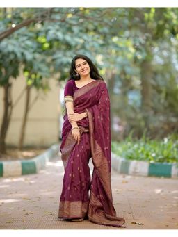 Anjaneya Sarees - Maroon Designer Banarasi Silk Kanjivaram Saree with Unstitched Blouse