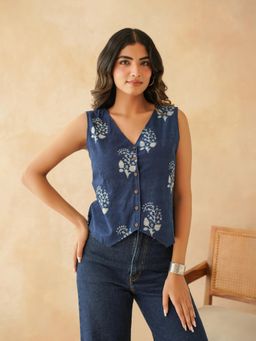 GOODHAND - Sleeveless Cotton Block Printed Kothi Blue Top