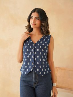 GOODHAND - Sleeveless Cotton Block Printed Kothi Blue Top