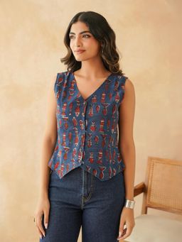 GOODHAND - Sleeveless Cotton Block Printed Kothi Blue Top